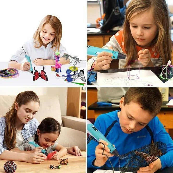 "Blå 3D-skrivpenna med LCD-skärm för barn och vuxna, visa kreativ användning med medföljande filament och adapter."