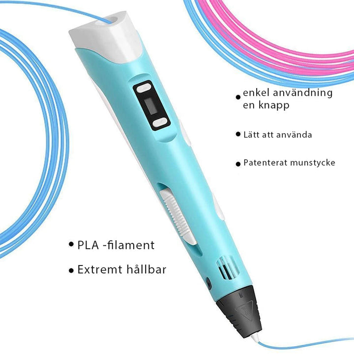 "Blå 3D-skrivpenna med LCD-skärm för barn och vuxna, visa kreativ användning med medföljande filament och adapter."