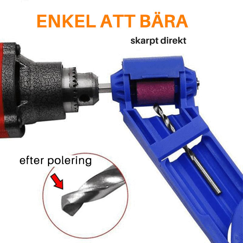 "Blå borrbits vässare för trubbiga borrar, kompakt design, korundslipskiva, förlänger borrens livslängd."