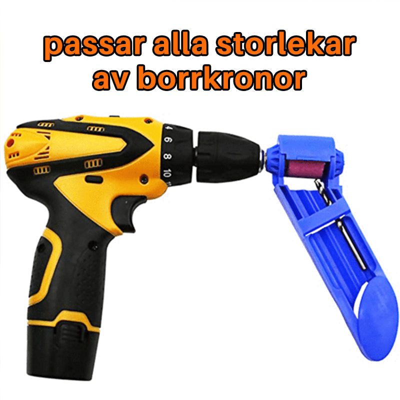 "Blå borrbits vässare för trubbiga borrar, kompakt design, korundslipskiva, förlänger borrens livslängd."