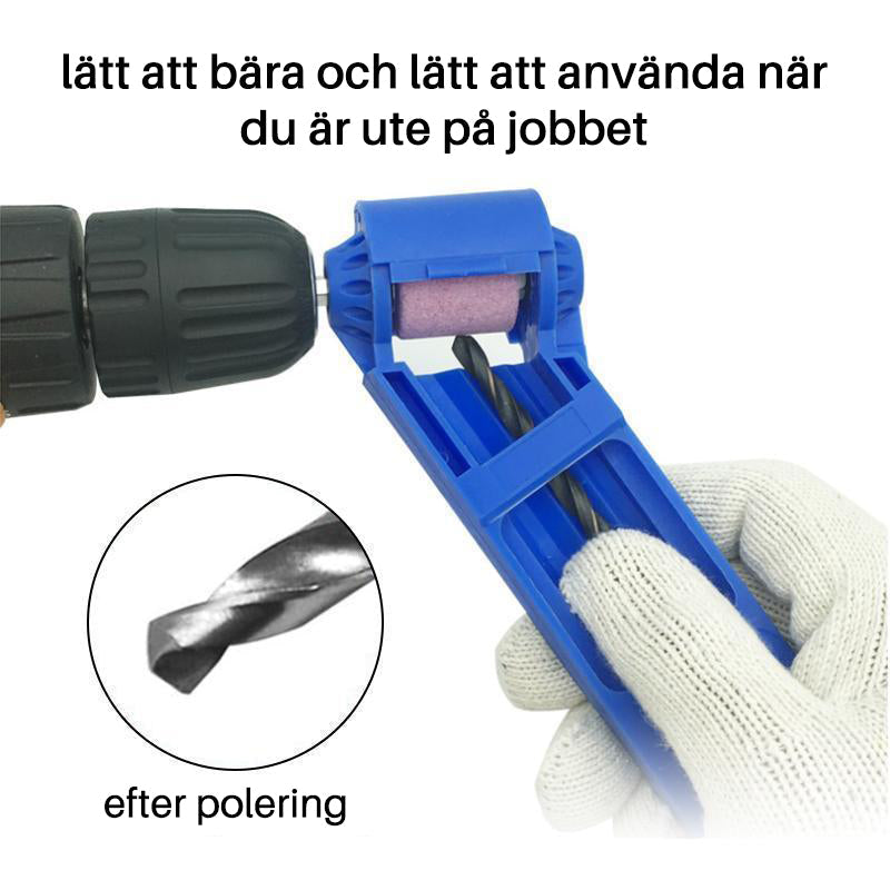 "Blå borrbits vässare för trubbiga borrar, kompakt design, korundslipskiva, förlänger borrens livslängd."