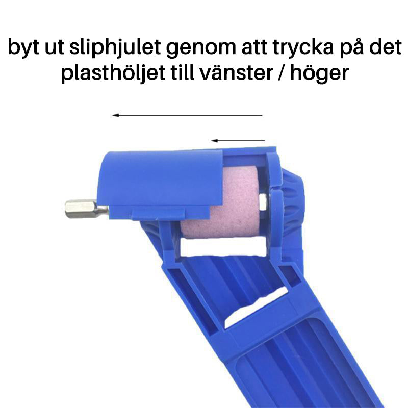 "Blå borrbits vässare för trubbiga borrar, kompakt design, korundslipskiva, förlänger borrens livslängd."