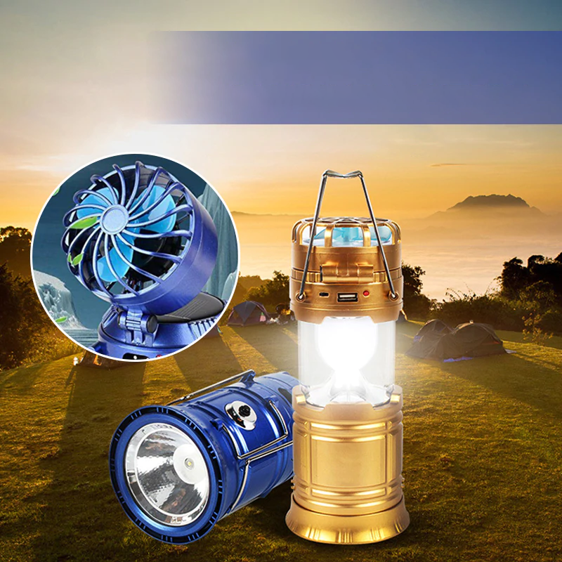 "Blå campinglykta med solurladdning och fläkt, kompakt design för utomhusbruk, högt placerad LED-belysning."
