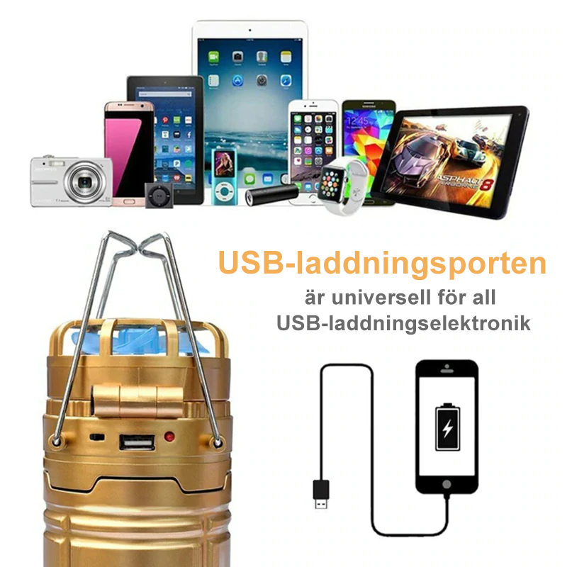 "Blå campinglykta med solurladdning och fläkt, kompakt design för utomhusbruk, högt placerad LED-belysning."