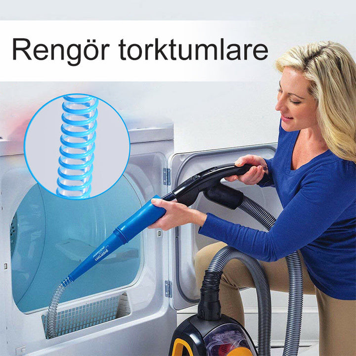 "Blå dammsugarslang för torktumlarrengöring, flexibel design, når trånga utrymmen och minskar brandrisk."