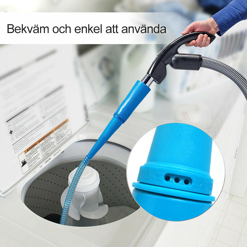 "Blå dammsugarslang för torktumlarrengöring, flexibel design, når trånga utrymmen och minskar brandrisk."