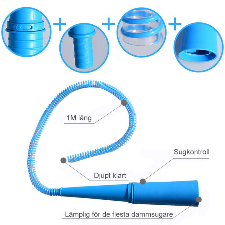 "Blå dammsugarslang för torktumlarrengöring, flexibel design, når trånga utrymmen och minskar brandrisk."
