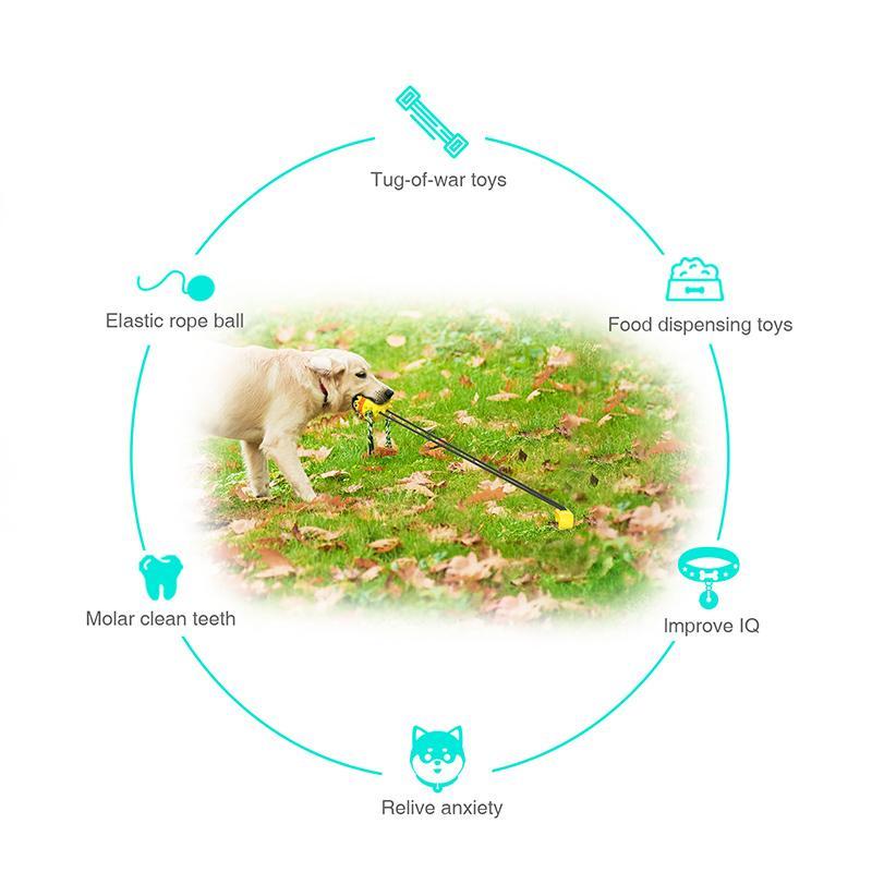 "Blå-gul multifunktionell hundleksak i TPR, en mångsidig boll för utomhusträning och lek med hållbart rep."