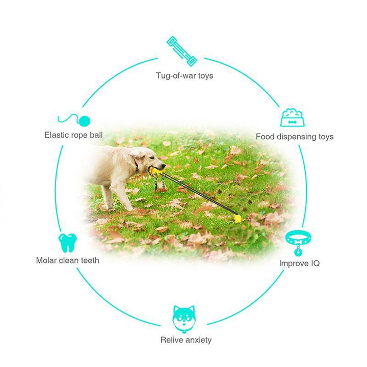 "Blå-gul multifunktionell hundleksak i TPR, en mångsidig boll för utomhusträning och lek med hållbart rep."