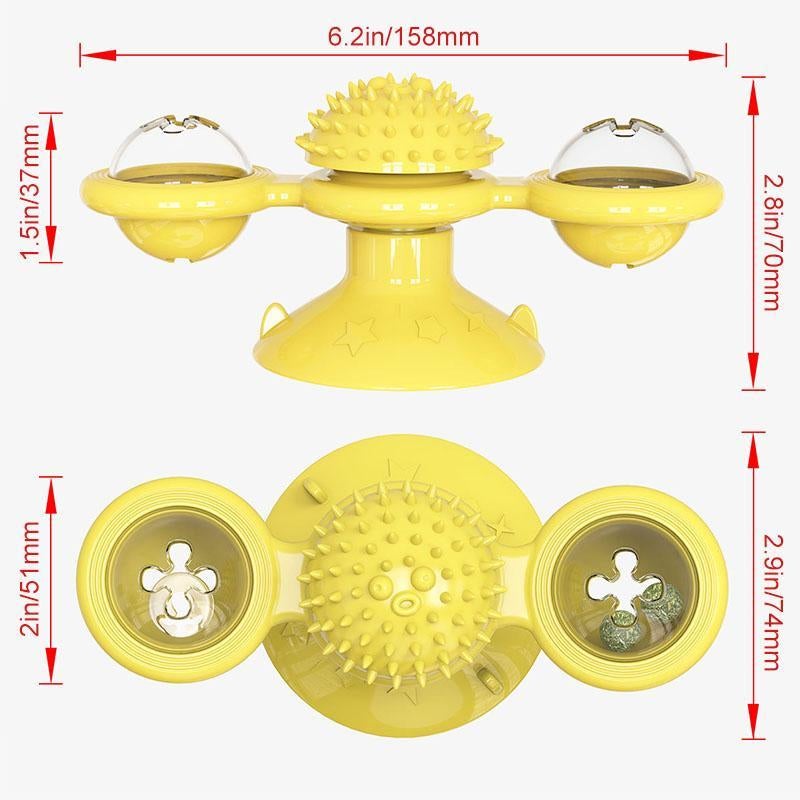 "Blå interaktiv väderkvarn kattleksak med genomskinliga behållare och gummiplexus i mitten på vit bakgrund."