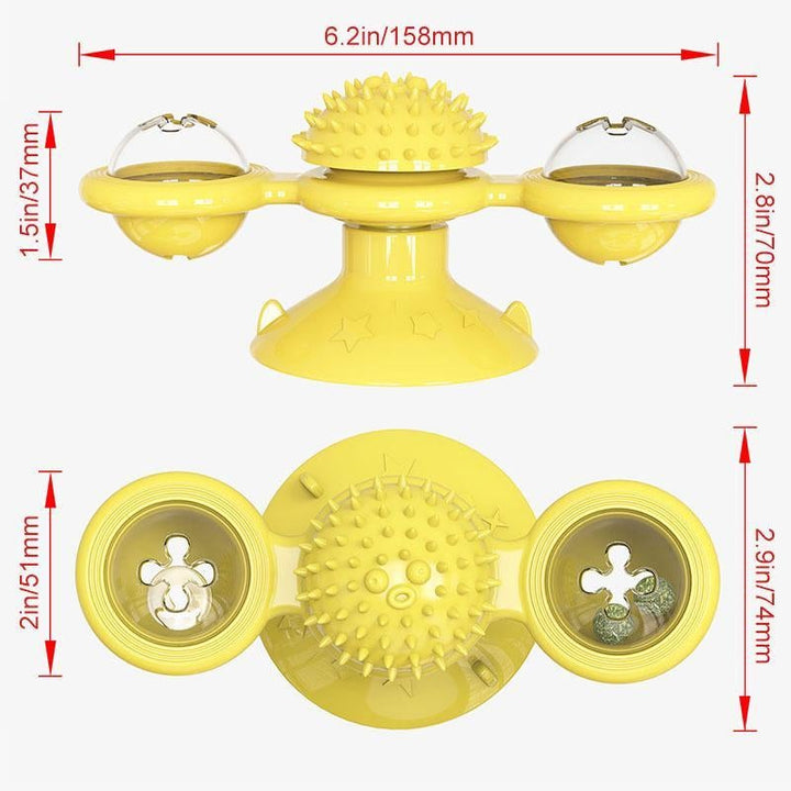 "Blå interaktiv väderkvarn kattleksak med genomskinliga behållare och gummiplexus i mitten på vit bakgrund."