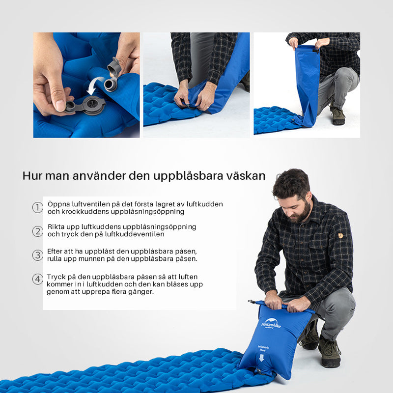"Blå luftmadrass för camping, vattentät och kompakt, idealisk för året-runt-äventyr och enkel att bära."