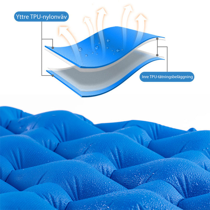 "Blå luftmadrass för camping, vattentät och kompakt, idealisk för året-runt-äventyr och enkel att bära."