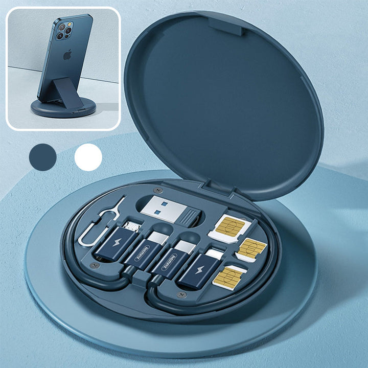 "Blå och vit 9-i-1 kabelfodral med utbytbara portar, smart förvaring och inbyggt telefonställ."