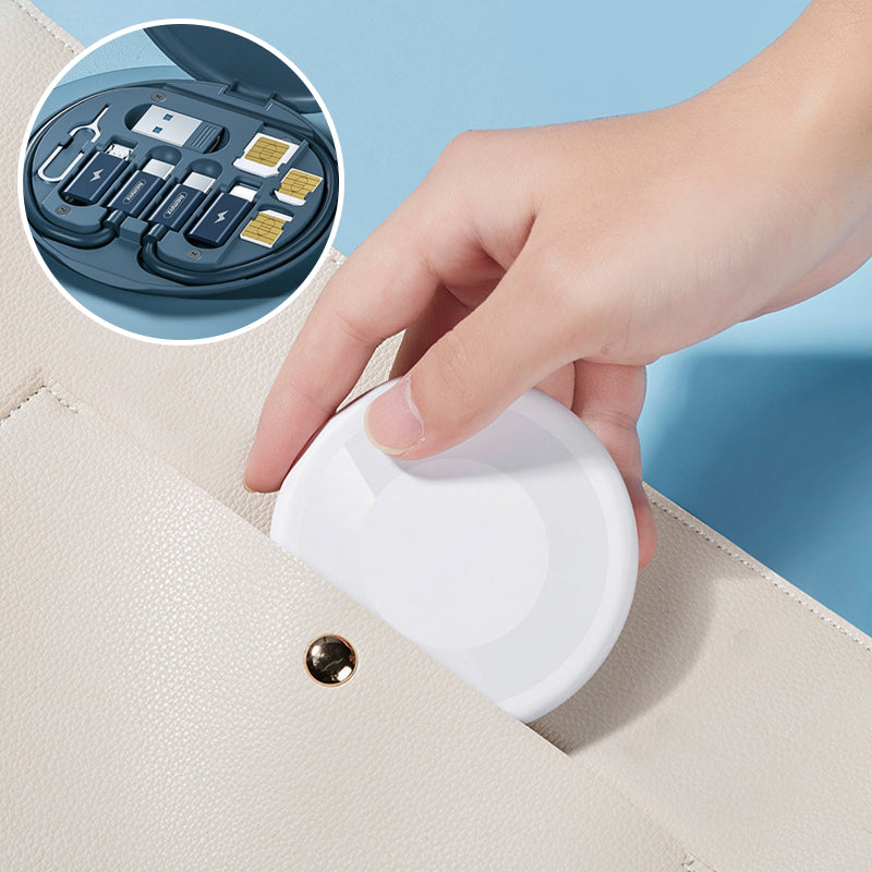 "Blå och vit 9-i-1 kabelfodral med utbytbara portar, smart förvaring och inbyggt telefonställ."