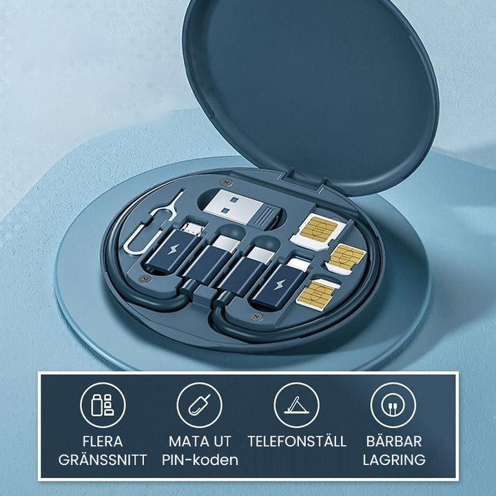 "Blå och vit 9-i-1 kabelfodral med utbytbara portar, smart förvaring och inbyggt telefonställ."