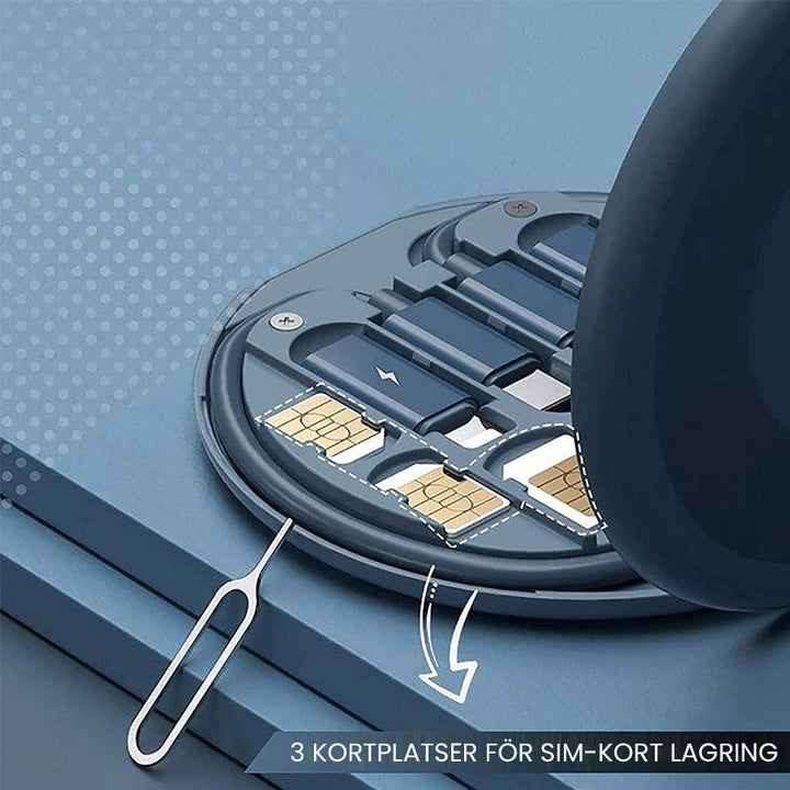 "Blå och vit 9-i-1 kabelfodral med utbytbara portar, smart förvaring och inbyggt telefonställ."