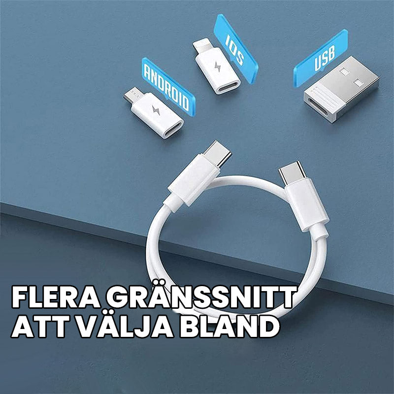 "Blå och vit 9-i-1 kabelfodral med utbytbara portar, smart förvaring och inbyggt telefonställ."