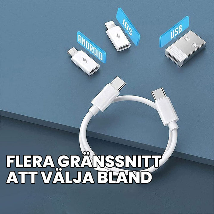 "Blå och vit 9-i-1 kabelfodral med utbytbara portar, smart förvaring och inbyggt telefonställ."