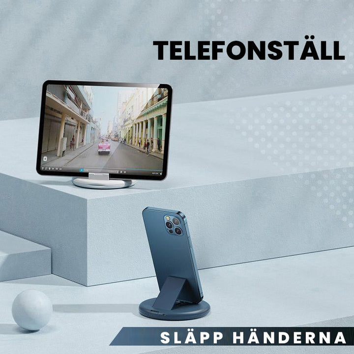 "Blå och vit 9-i-1 kabelfodral med utbytbara portar, smart förvaring och inbyggt telefonställ."