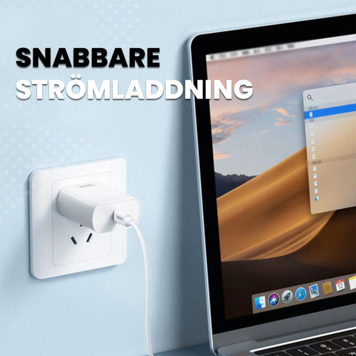 "Blå och vit 9-i-1 kabelfodral med utbytbara portar, smart förvaring och inbyggt telefonställ."