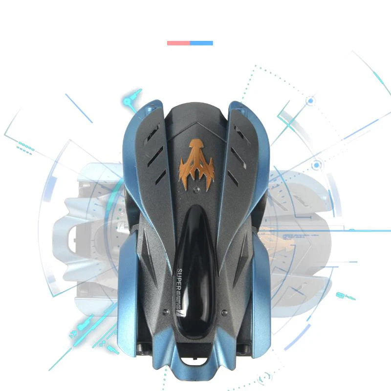 "Blå väggklättrande RC-stuntbil för barn, kör upp och ner, perfekt för äventyr på alla ytor med lång batteritid."