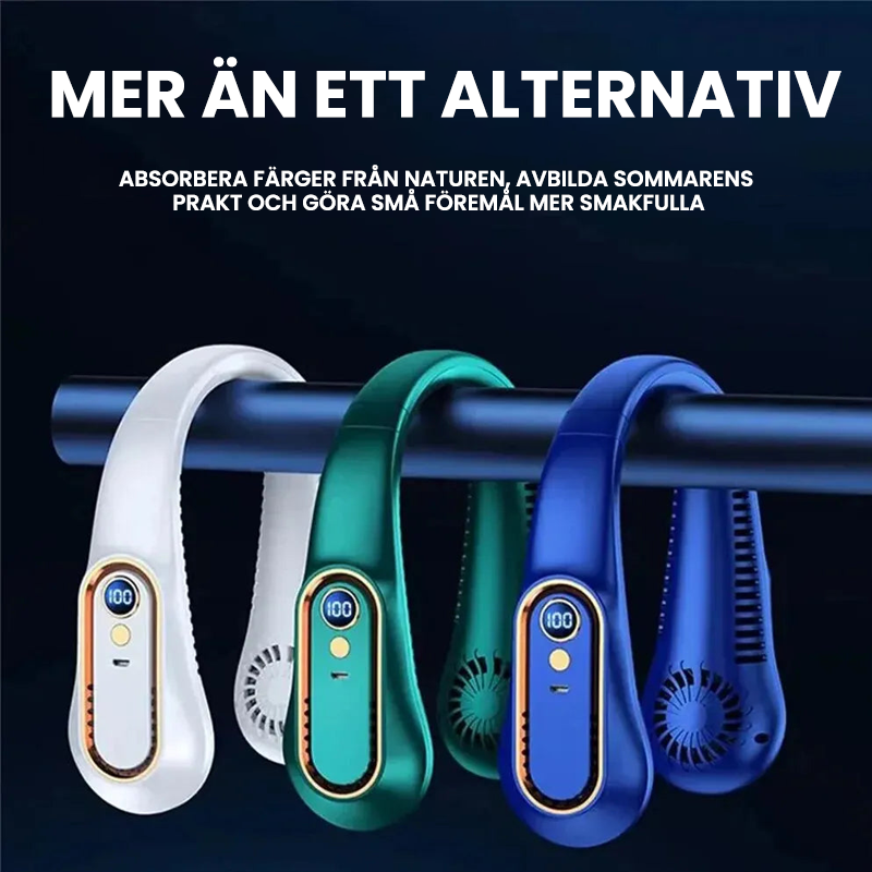 Bladlös halsfläkt med stilren design, finns i blå, grön och vit. Säker, tyst och bekväm för vardagligt bruk.
