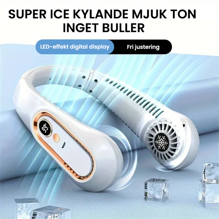 Bladlös halsfläkt med stilren design, finns i blå, grön och vit. Säker, tyst och bekväm för vardagligt bruk.