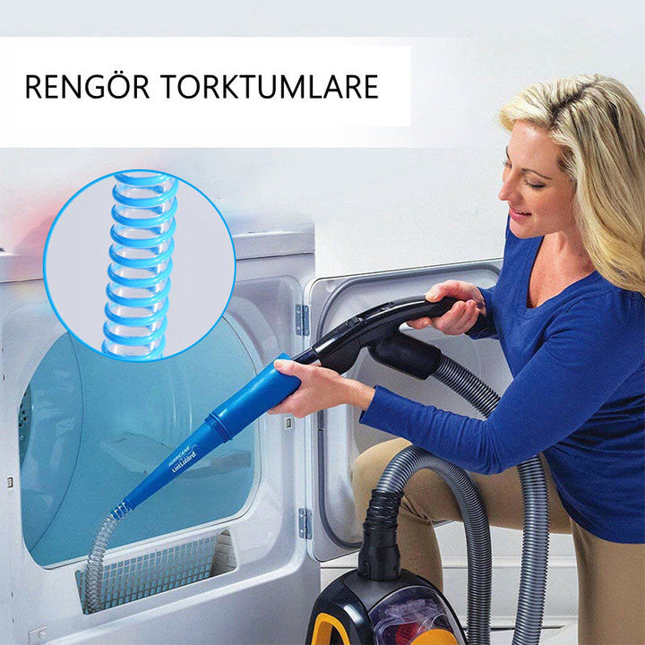 "Blått dammsugarmunstycke med flexibel 1-meters slang och suginställningar för rengöring av trånga och svåråtkomliga utrymmen