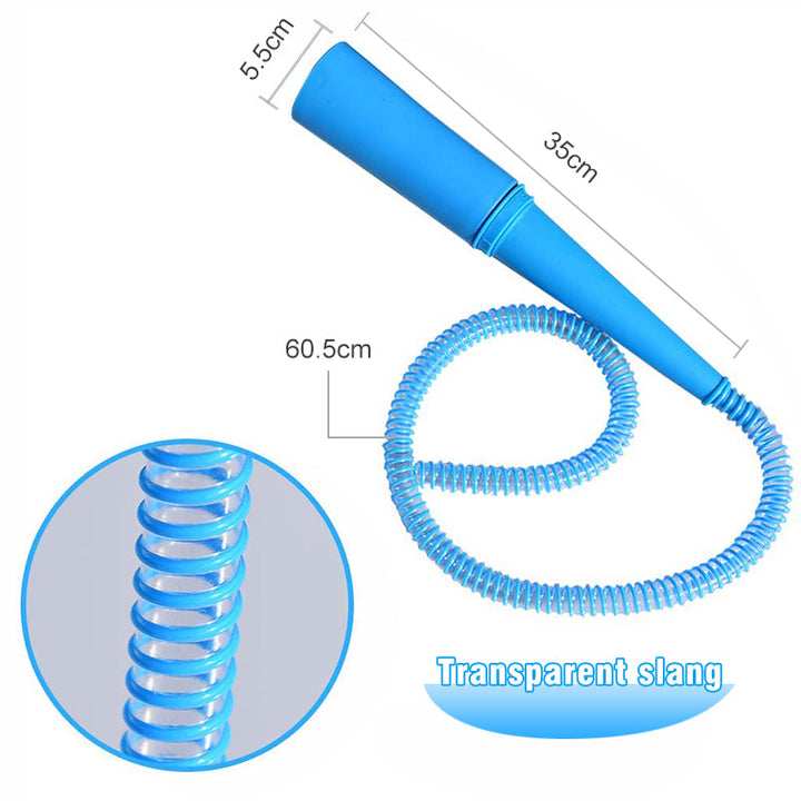"Blått dammsugarmunstycke med flexibel 1-meters slang och suginställningar för rengöring av trånga och svåråtkomliga utrymmen