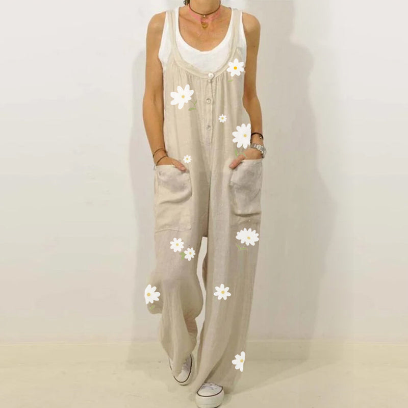 "Blommig jumpsuit för kvinnor med urban casual stil, mjukt tyg, raka byxben, grön och aprikos färg."