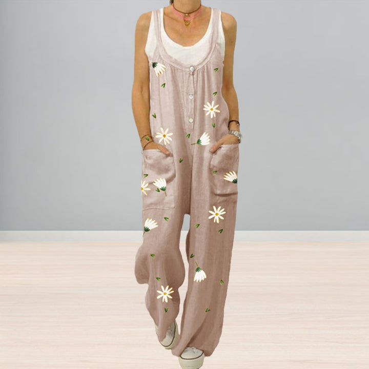 "Blommig jumpsuit för kvinnor med urban casual stil, mjukt tyg, raka byxben, grön och aprikos färg."