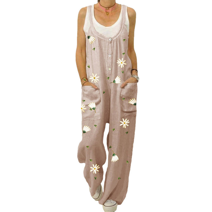 "Blommig jumpsuit för kvinnor med urban casual stil, mjukt tyg, raka byxben, grön och aprikos färg."