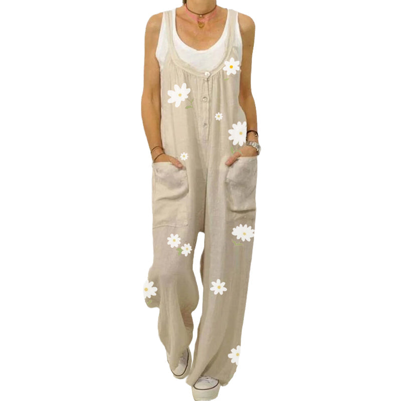 "Blommig jumpsuit för kvinnor med urban casual stil, mjukt tyg, raka byxben, grön och aprikos färg."