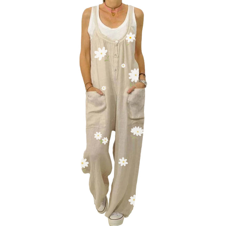 "Blommig jumpsuit för kvinnor med urban casual stil, mjukt tyg, raka byxben, grön och aprikos färg."