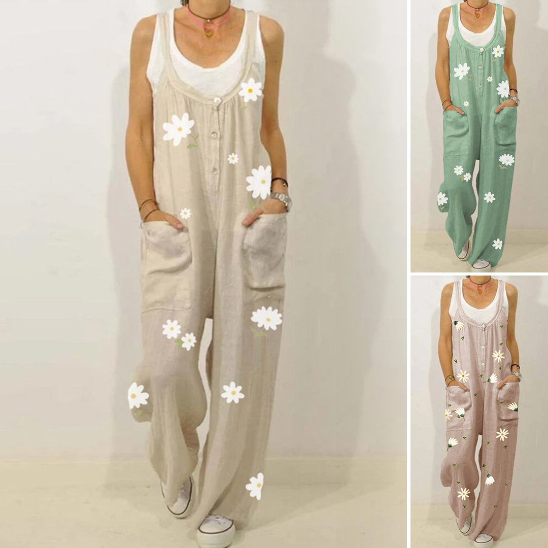 "Blommig jumpsuit för kvinnor med urban casual stil, mjukt tyg, raka byxben, grön och aprikos färg."