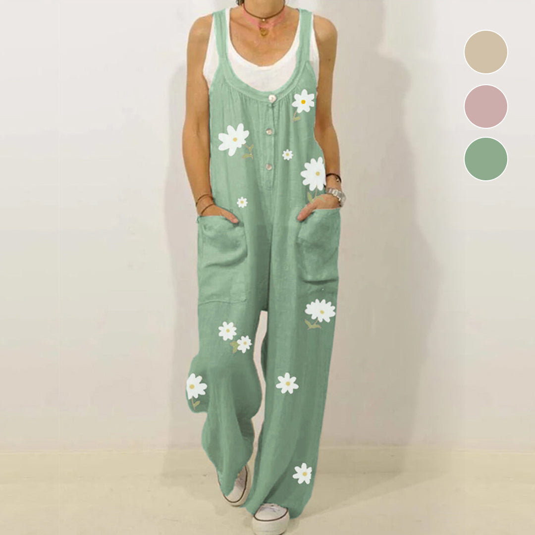 "Blommig jumpsuit för kvinnor med urban casual stil, mjukt tyg, raka byxben, grön och aprikos färg."