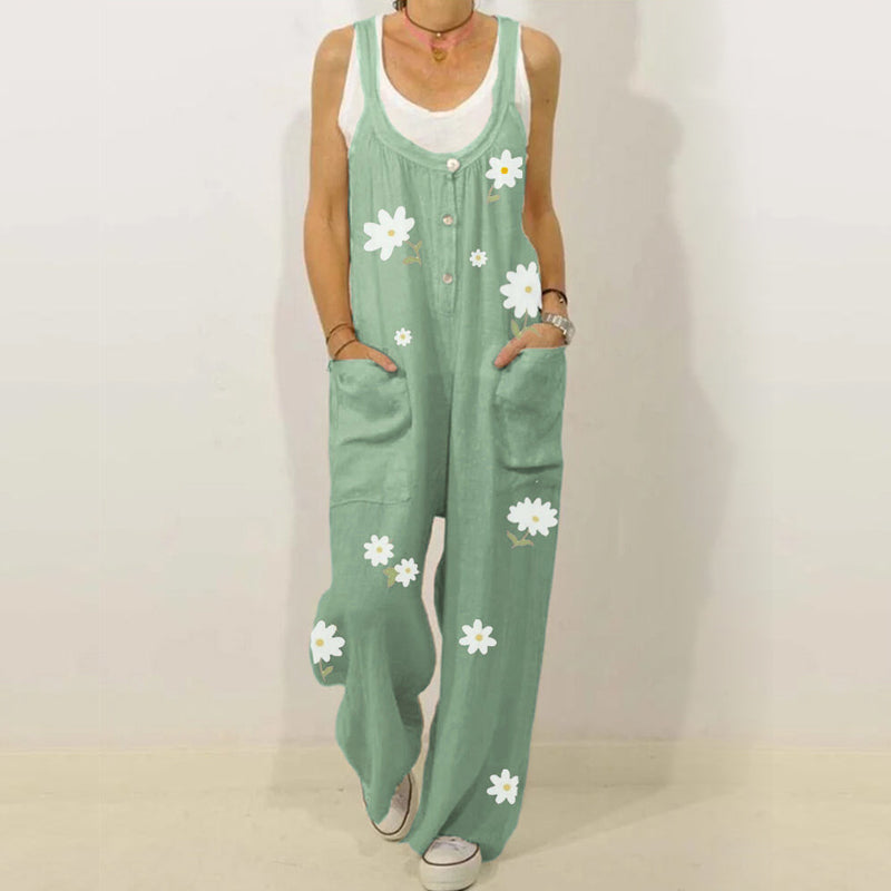 "Blommig jumpsuit för kvinnor med urban casual stil, mjukt tyg, raka byxben, grön och aprikos färg."