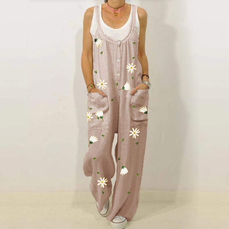 "Blommig jumpsuit för kvinnor med urban casual stil, mjukt tyg, raka byxben, grön och aprikos färg."