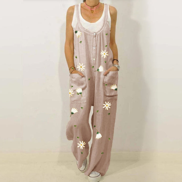 "Blommig jumpsuit för kvinnor med urban casual stil, mjukt tyg, raka byxben, grön och aprikos färg."