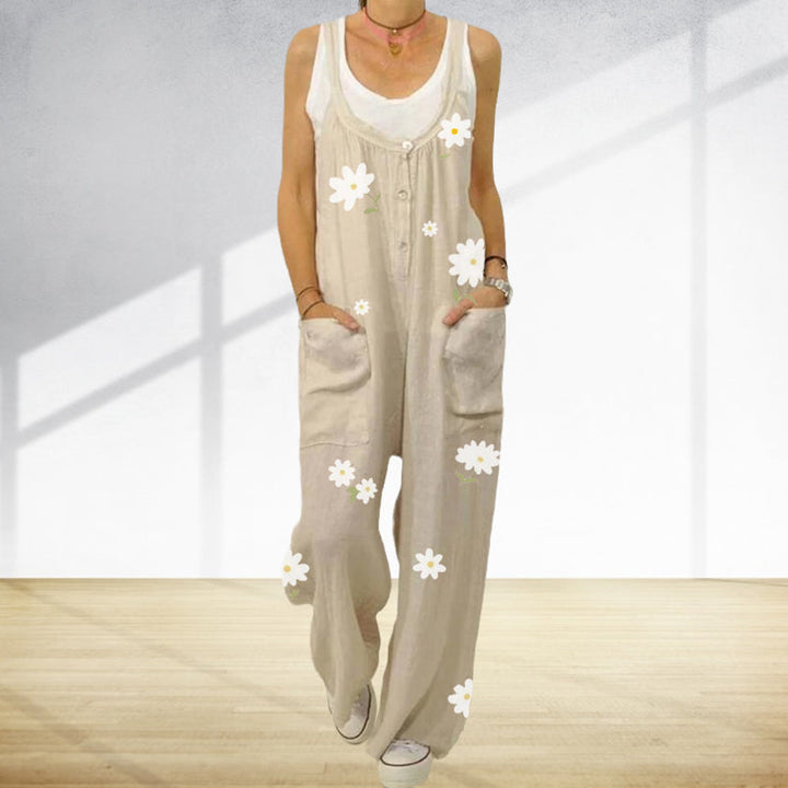 "Blommig jumpsuit för kvinnor med urban casual stil, mjukt tyg, raka byxben, grön och aprikos färg."