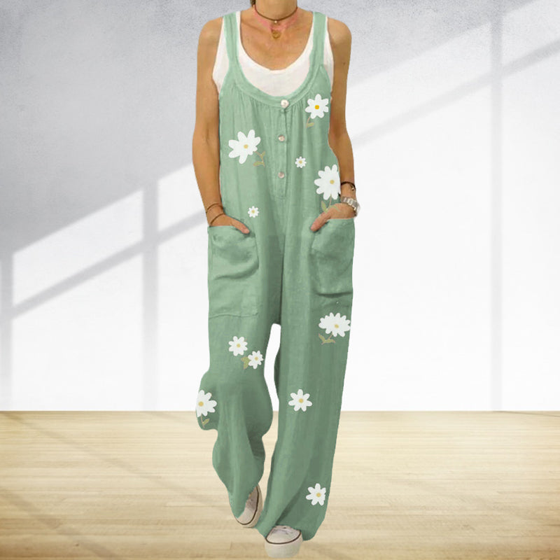 "Blommig jumpsuit för kvinnor med urban casual stil, mjukt tyg, raka byxben, grön och aprikos färg."