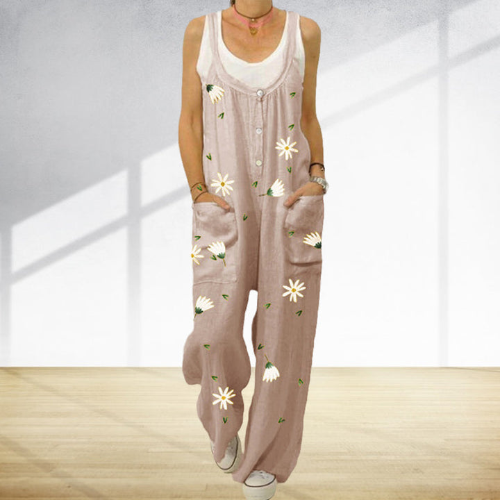 "Blommig jumpsuit för kvinnor med urban casual stil, mjukt tyg, raka byxben, grön och aprikos färg."