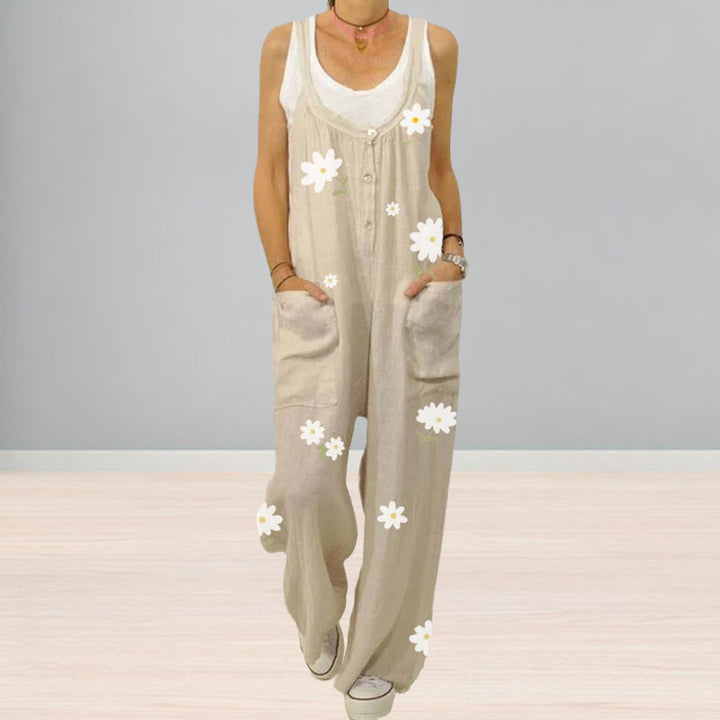 "Blommig jumpsuit för kvinnor med urban casual stil, mjukt tyg, raka byxben, grön och aprikos färg."
