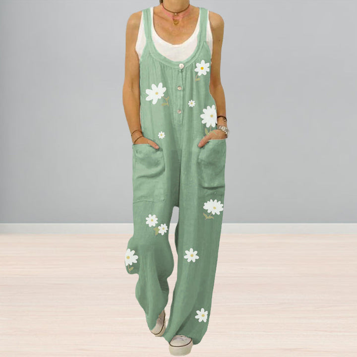 "Blommig jumpsuit för kvinnor med urban casual stil, mjukt tyg, raka byxben, grön och aprikos färg."