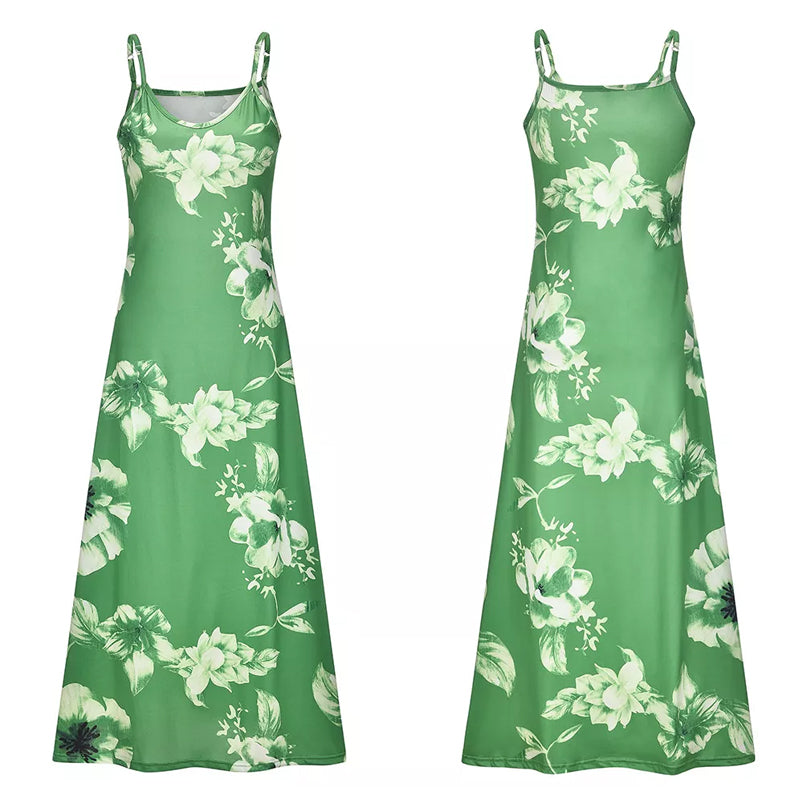 "Boho maxiklänning med färgglatt blommigt tryck, V-ringad, ärmlös, perfekt för sommar. Ger en elegant och avslappnad stil."
