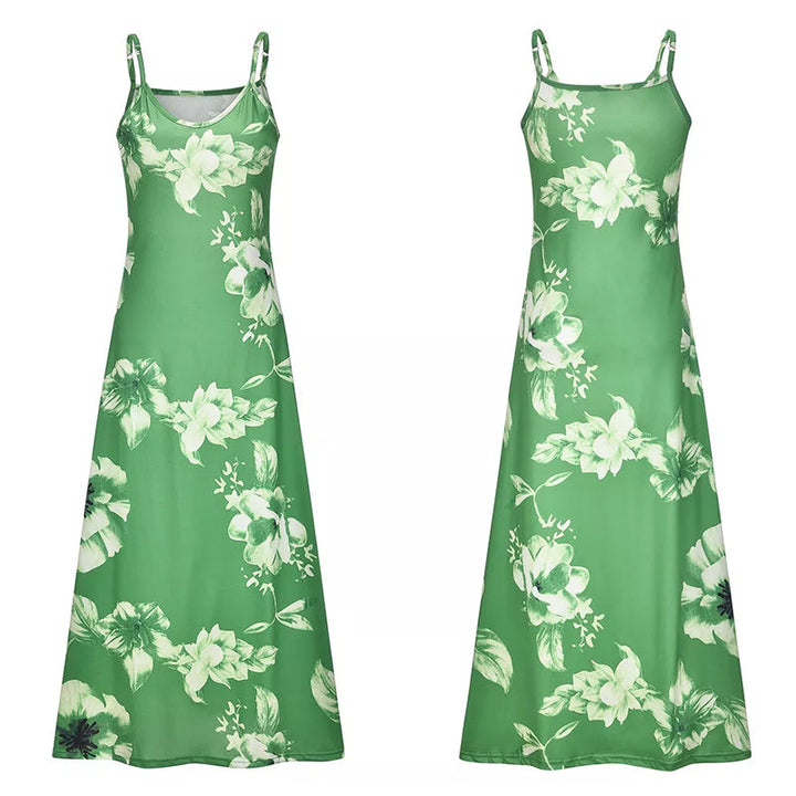 "Boho maxiklänning med färgglatt blommigt tryck, V-ringad, ärmlös, perfekt för sommar. Ger en elegant och avslappnad stil."
