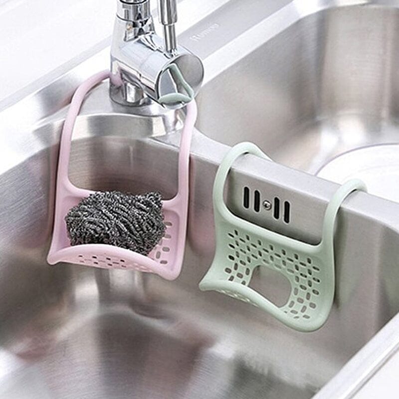 "Böjd hängväska för köksdiskbänk i blå, grön, rosa med dräneringshål, idealisk för svampar och tvålar, praktisk och hygienisk