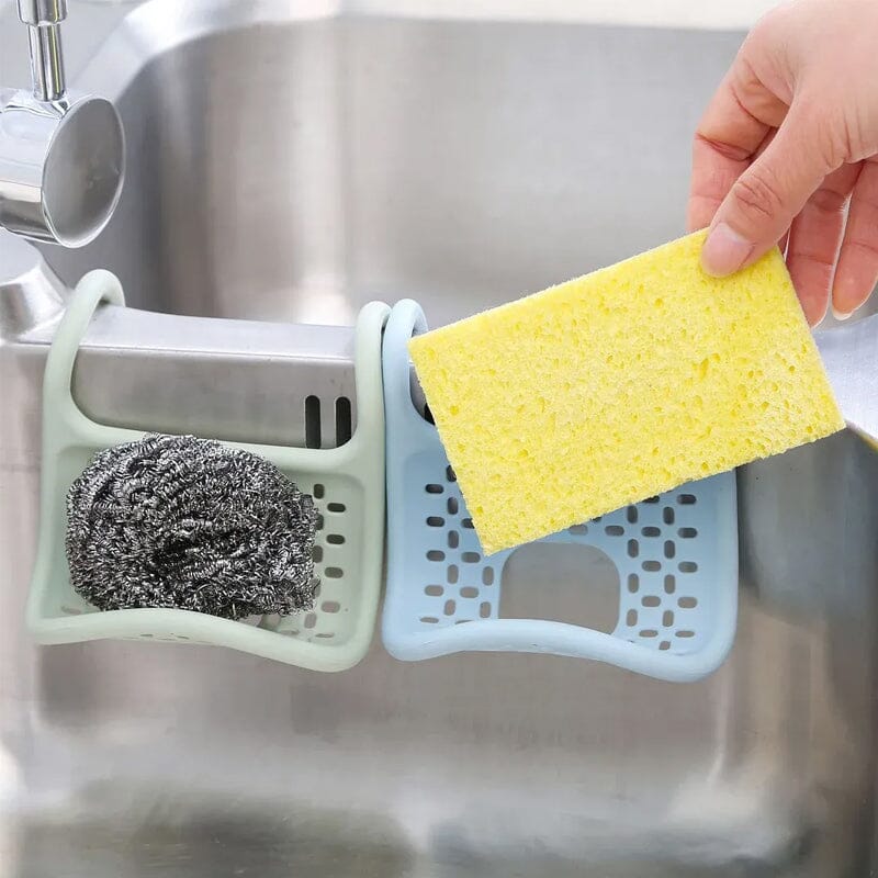 "Böjd hängväska för köksdiskbänk i blå, grön, rosa med dräneringshål, idealisk för svampar och tvålar, praktisk och hygienisk