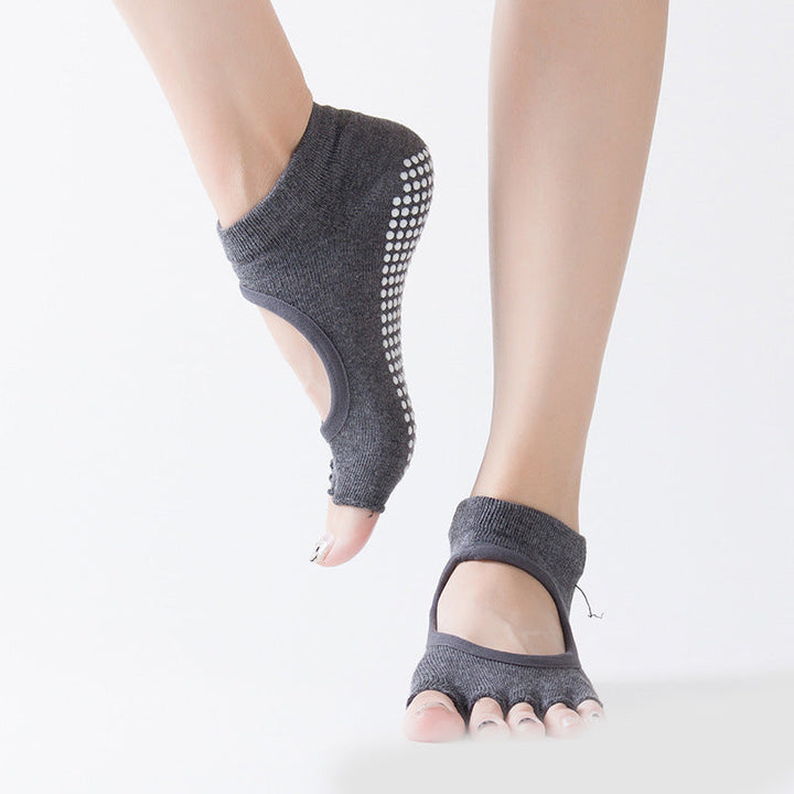 "Bomull yogastrumpor med anti-halk PVC-granulat, svart färg, ergonomisk design för stabil practice, storlek för vuxna."